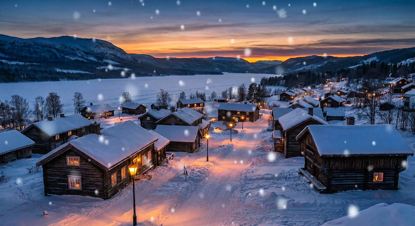 Dämmerungs-Schneefall im Bergdorf