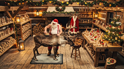 Rustikale Weihnachtsprojektion: Santa beim Striegeln